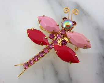 Costume Jewelry Vintage Dragonfly Brooch - Rhinestone Bug Pin, Gift for Women, Pink and Gold