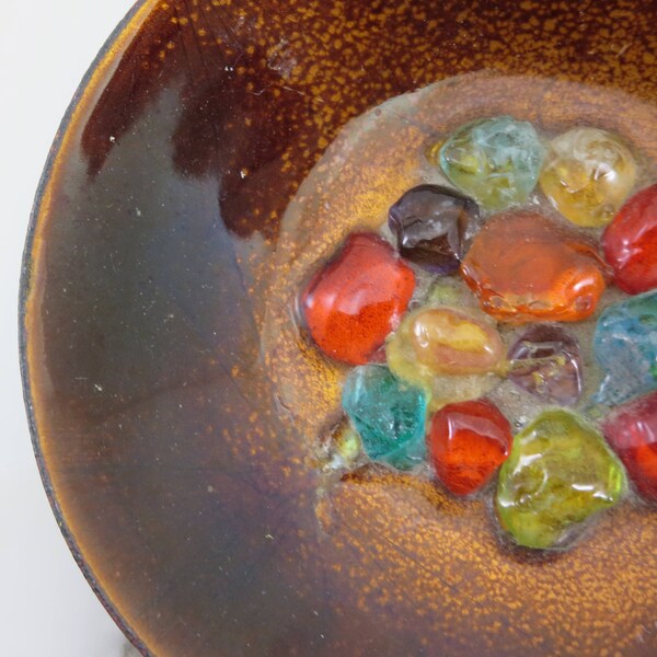 Vintage Mid Century Modern Enamel Bowl - Colorful Glass Gems on Copper