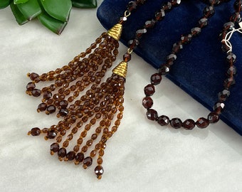 Czech Glass Beaded Lariat Tassel Necklace - Vintage Brown Costume Jewelry