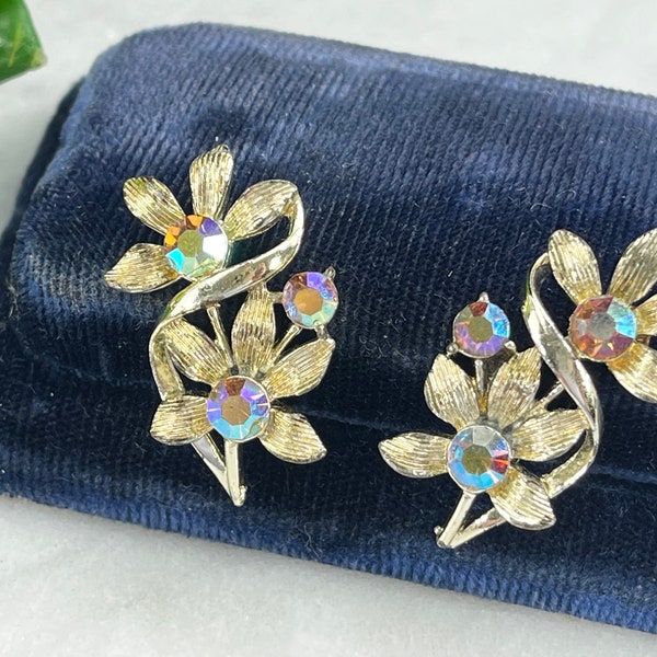 Rhinestone Clip Earrings - AB Finish Flowers Coro Costume Jewelry Vintage Earrings for Women