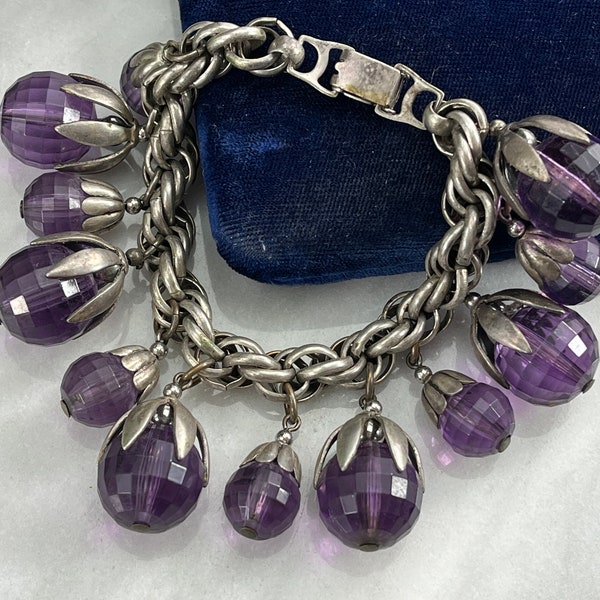 Napier Kumquat Charm Bracelet with Faceted Purple and Silver Tone - Napier Jewelry Charm Bracelet, Costume Jewelry