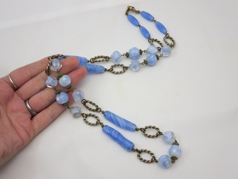Blue and White Vintage Beaded Glass Necklace Long Necklace Costume Jewelry