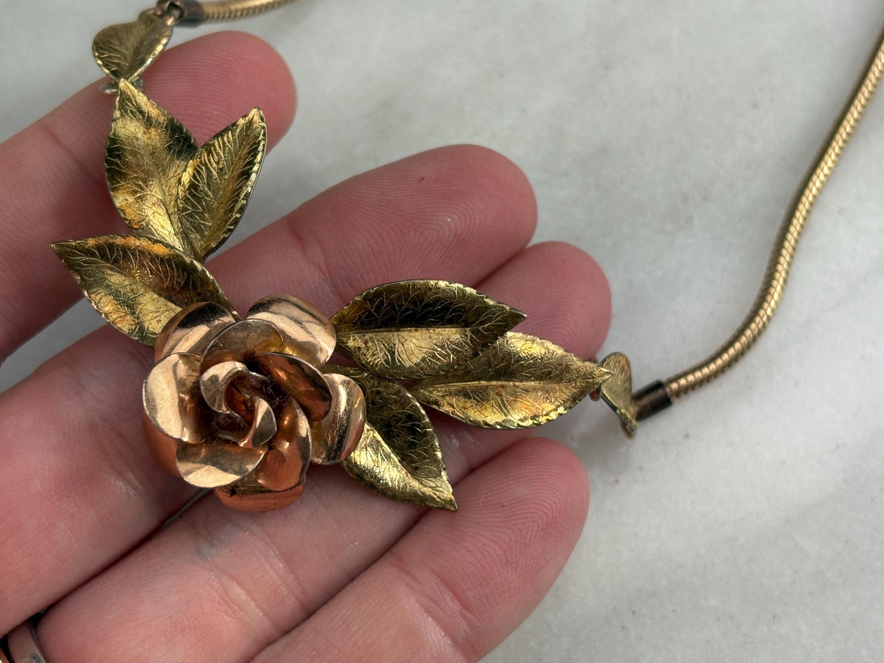 Vintage Krementz Flower Necklace - Rose Gold Rose & Yellow