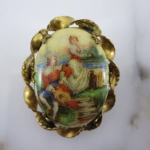Porcelain Cameo Brooch -  Fragonard Lovers Portait Vintage Costume Jewelry