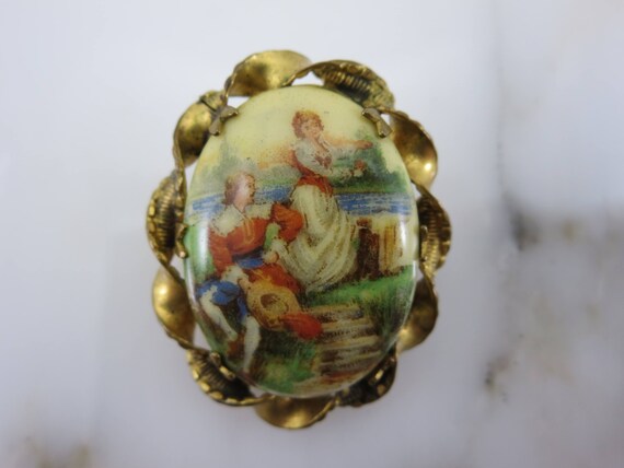 Porcelain Cameo Brooch -  Fragonard Lovers Portai… - image 1