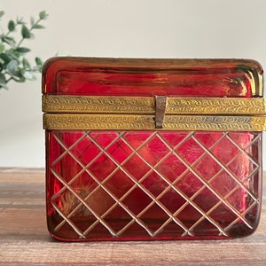 Vintage Bohemian Glass Trinket Box – Red Flash Cut Diamond Pattern – Antique Vanity Box