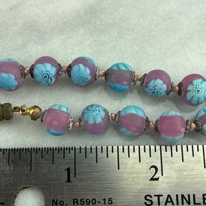Millefiori Necklace Frosted Venetian Art Glass Beads, Pink and Blue Beaded Necklaces for Women, Estate Jewelry image 7