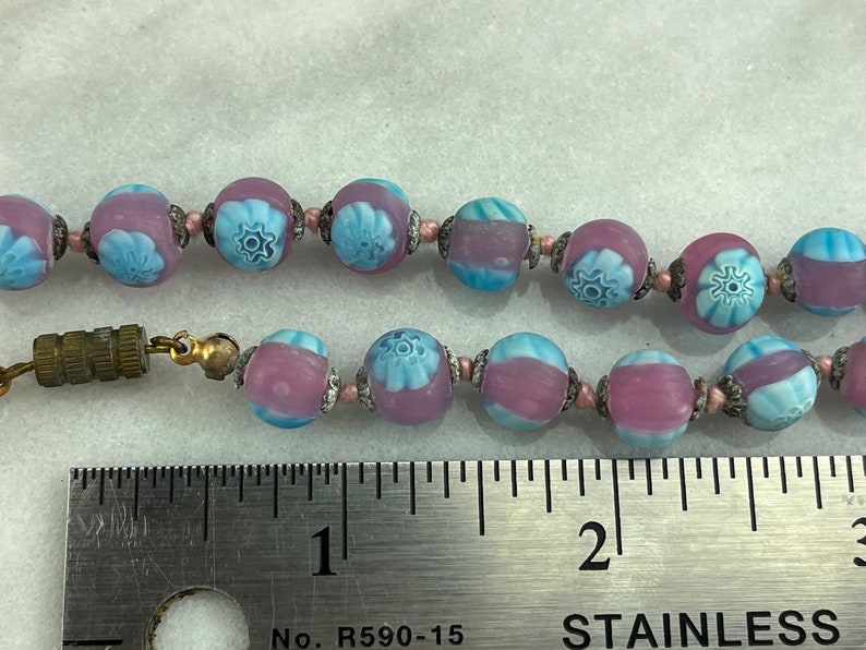 Millefiori Necklace Frosted Venetian Art Glass Beads, Pink and Blue Beaded Necklaces for Women, Estate Jewelry image 7