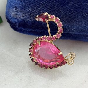 Vintage Rhinestone Swan Brooch – Gold Tone Jelly Belly Style – 1960s Costume Jewelry