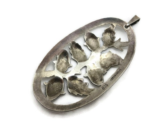 Silver Pendant - Flower Buds, Etched Leaves, Cut … - image 3
