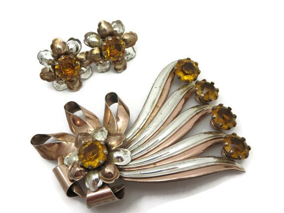 Sterling Brooch and Earring Set - Topaz Rhineston… - image 3