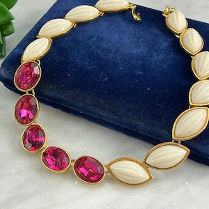 YSL Yves Saint Laurent Fuchsia Pink Rhinestone Necklace - Vintage Couture Costume Jewelry
