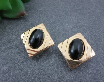 Black Onyx Earrings - 14k Gold, Retro Modernist Clip Earrings for Women
