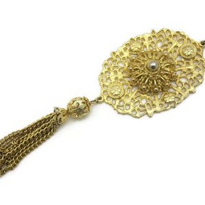 Tassel Necklace - Long Gold Boho, Costume Jewelry, 1970s, Filigree