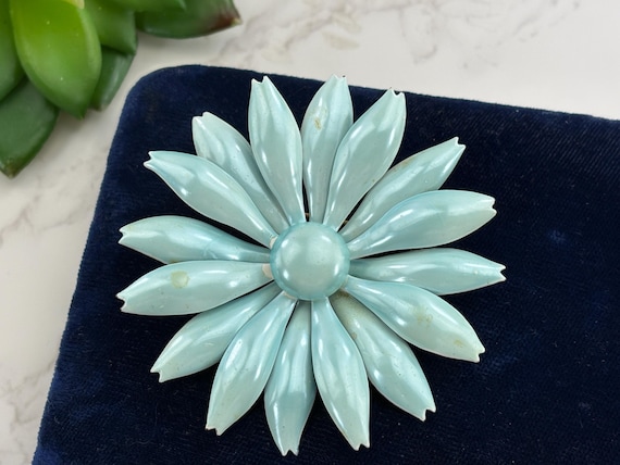 Vintage Blue Enamel Flower Brooch - Mid Century Daisy Design