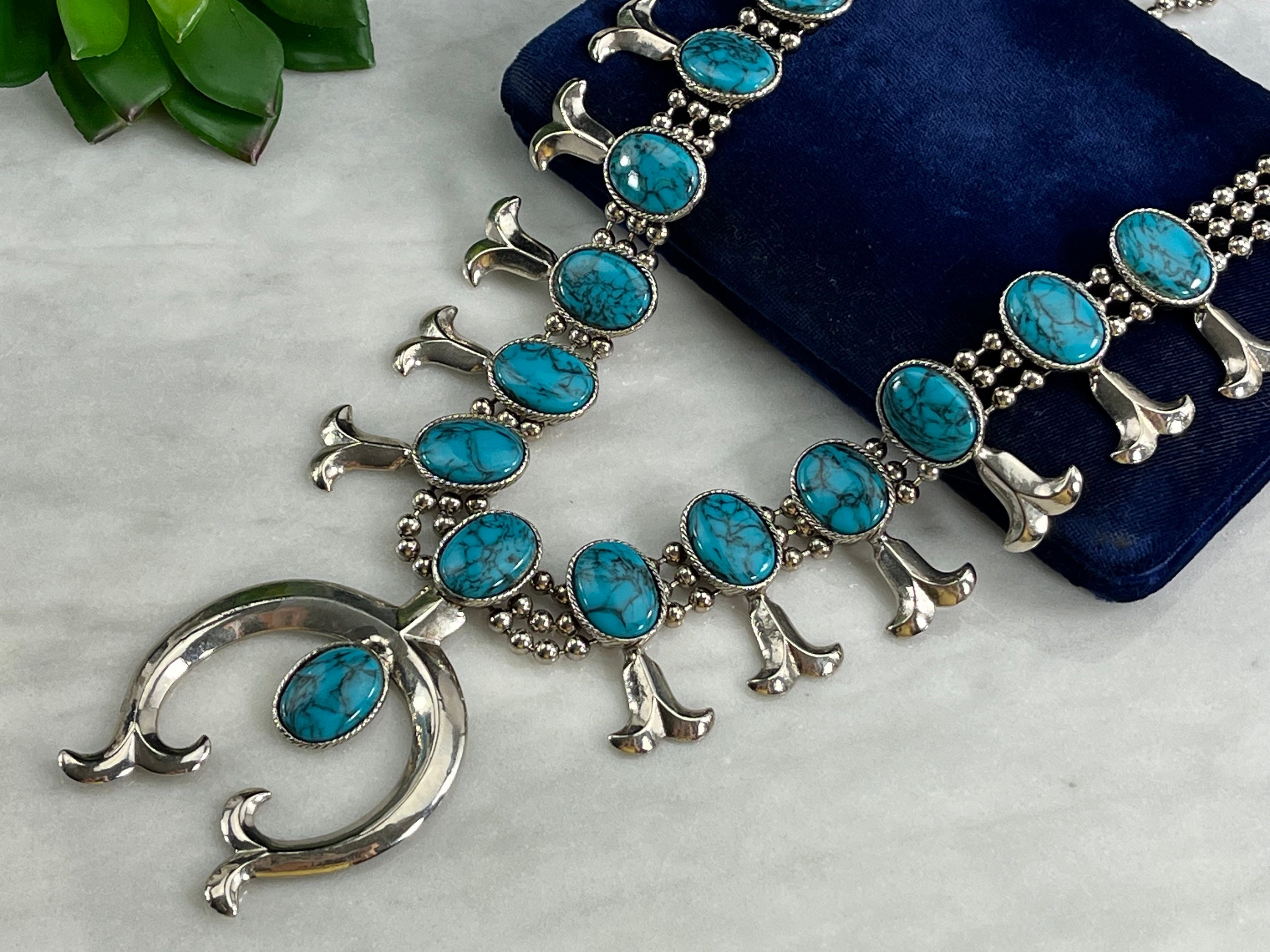 Vintage Kingman Turquoise Squash Blossom Necklace, c.1960's | Burton's –  Burton's Gems and Opals