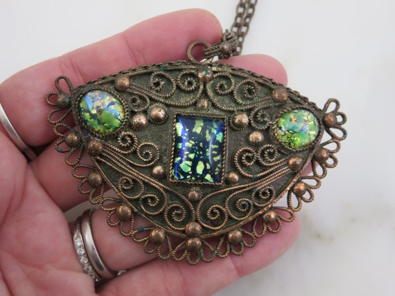 Mid Century Copper Necklace -  Faux Opal Art Glass - image 4