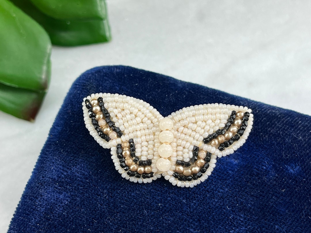Beaded Butterfly Brooch Black and White Faux Pearls Etsy