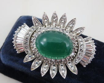 Chrysoprase Brooch - Sterling Silver and Clear Spinel