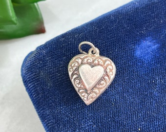 Repousse Puffy Heart Charm - Sterling Silver Necklace Pendant, Scollwork