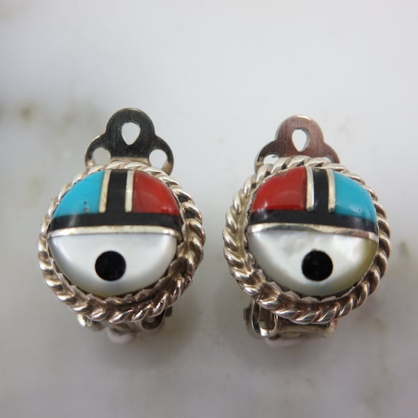 Zuni Earrings - Inlay, Mother of Pearl, Clips, Zuni Sun Face God, Native American Earrings for Women