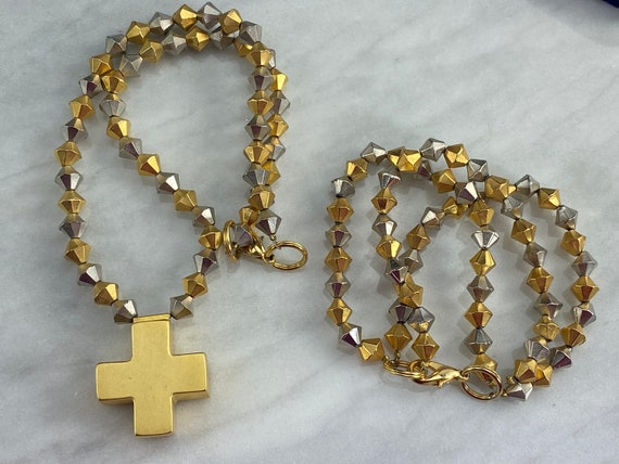 Matte Gold Cross Necklace with Matching Bracelet … - image 6