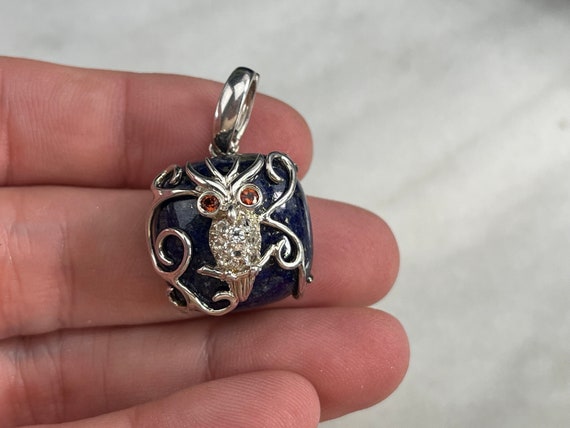 Sterling Silver Owl Necklace Pendant - Lapis & CZ… - image 2