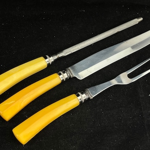 Butterscotch Yellow Bakelite Carving Set - 3pc Set, Knife, Fork and Sharpener