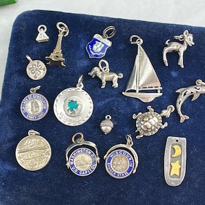 May include: A collection of 15 silver charm pendants displayed on a blue velvet background. The charms include a sailboat, a dolphin, a turtle, a deer, a dog, an Eiffel Tower, a snowflake, a capitol building, a state emblem, a crescent moon and star, and several other charms with various designs.