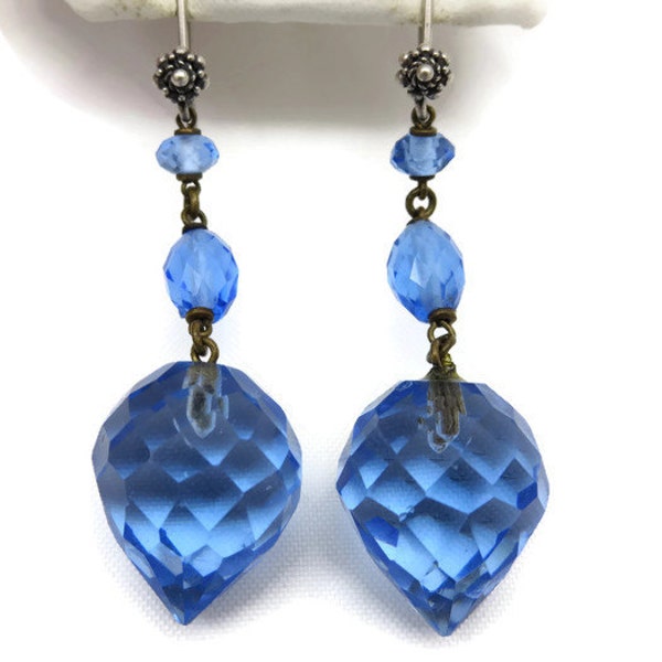 Blue Art Deco Jewelry - Long Dangle Earrings, Czech Glass Jewelry, Bridal