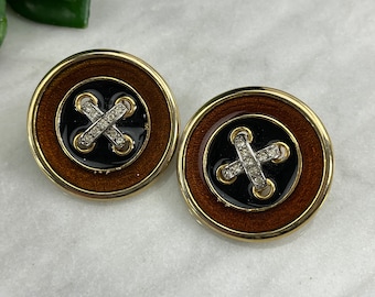 Boucles d'oreilles boutons en émail - Grosses boucles d'oreilles en strass dorés pour femme