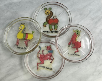 Vintage Glass Coasters Set de cuatro - Calcomanías vintage de la década de 1930, animales extraños