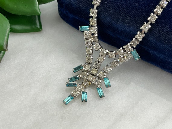 Vintage Blue Rhinestone Necklace - Clear Crystal … - image 8