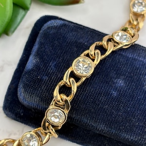 Mariner Link Chain Bracelet Rhinestone Stations - Shiny Gold Tone Vintage 1990s