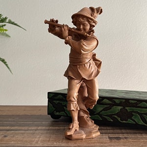 Carved Wood Figurine - Boy Playing Flute, Italian Art Carving