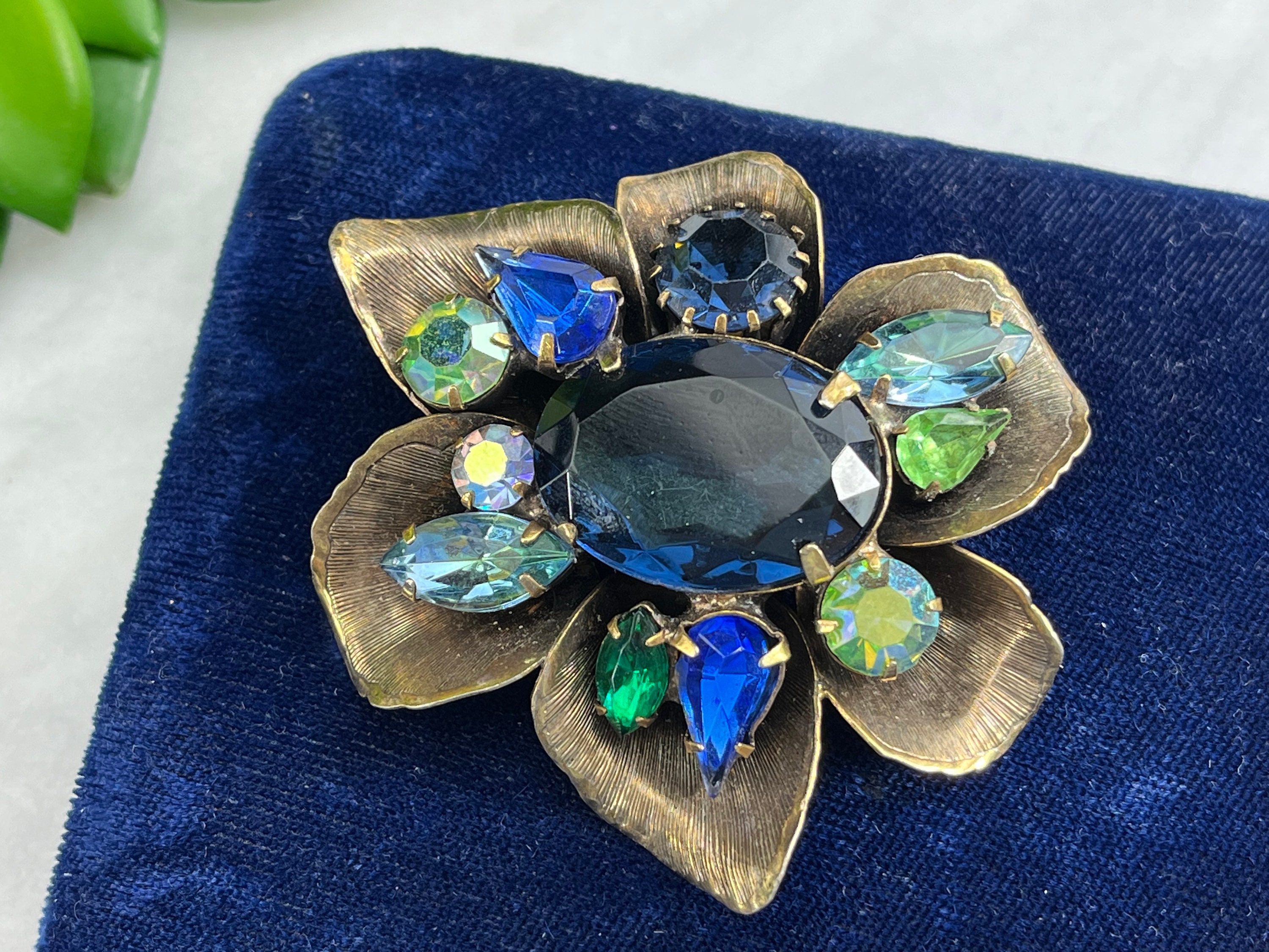 Spilla A Forma Di Castello Delle Fiabe – Vintage Extra Large Con Strass Blu E Cristalli, Placcata Oro