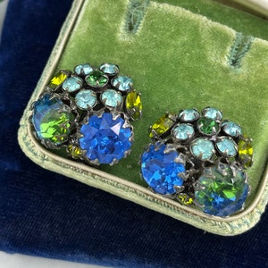 Vintage Schreiner Jewelry Rhinestone Earrings - Blue Green Costume Jewelry Earrings for Women
