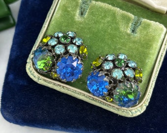 Vintage Schreiner Jewelry Rhinestone Earrings - Blue Green Costume Jewelry Earrings for Women