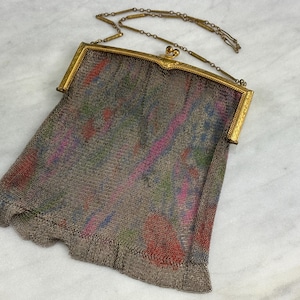Antique Whiting and Davis Dresden Mesh Dance Purse - Art Deco Watercolor Colorful Metal Mesh Bag