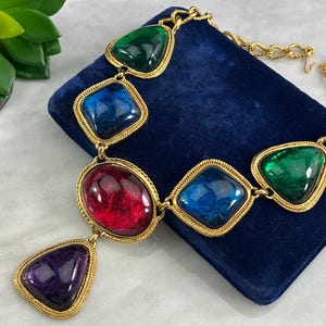 KJL Kenneth Jay Lane Jewel Tone Cabochon Necklace - Designer Costume Jewelry Necklace - Gold Tone Chunky
