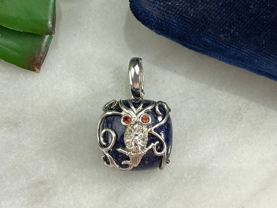 Sterling Silver Owl Necklace Pendant - Lapis & CZ… - image 1