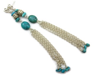 Sterling Silver Turquoise Tassel Earrings: Boho Dangle Chain