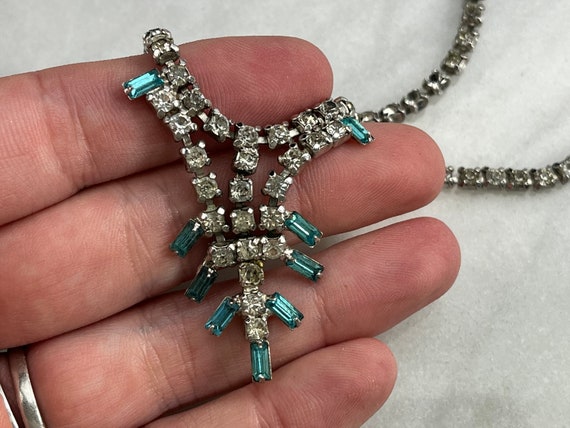 Vintage Blue Rhinestone Necklace - Clear Crystal … - image 3