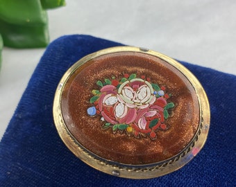 Broche Vintage Arbre Et Fleurs En Micro-mosaïque Millefiori - Laiton Et Paillettes De Verre - Occasion, Non Modifiée