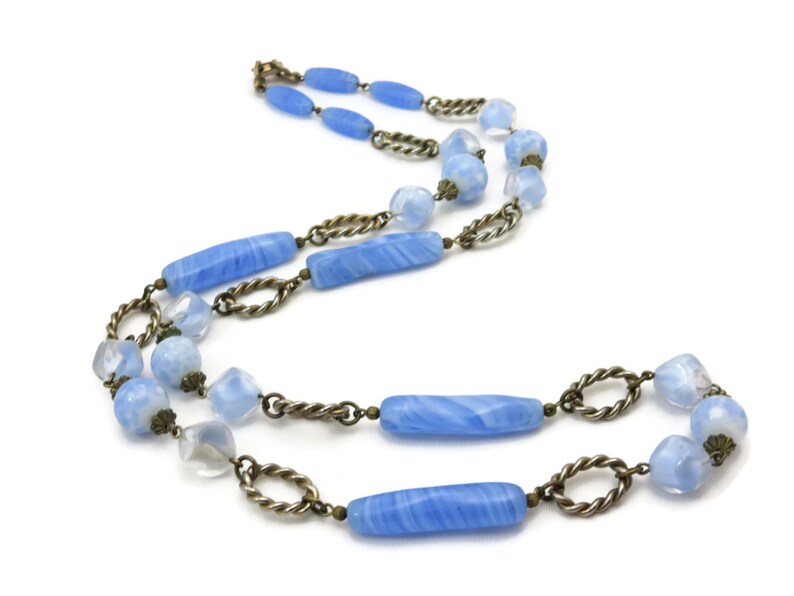 Blue and White Vintage Beaded Glass Necklace Long Necklace Costume Jewelry