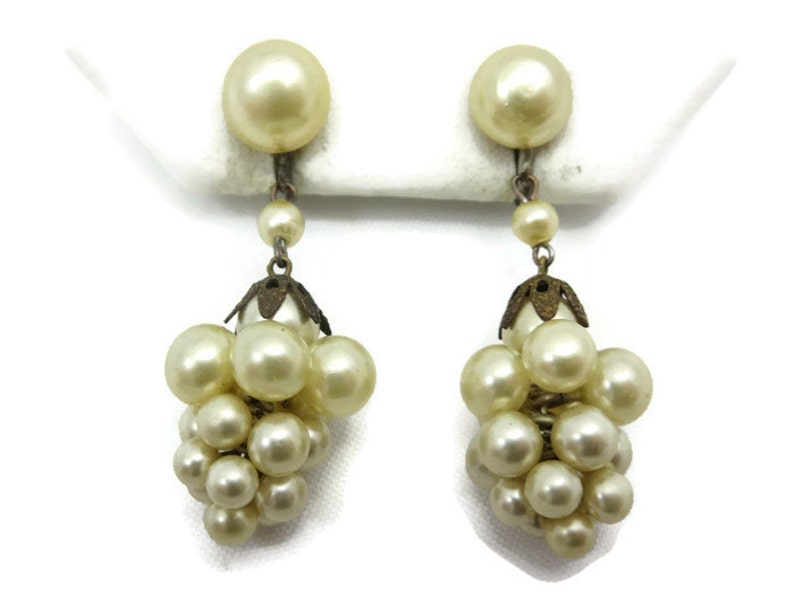 Champagne Pearl Earrings Clusters, Screwback, Bridal, Wedding, Faux Pearl Costume Jewelry Vintage Earrings for Women image 1