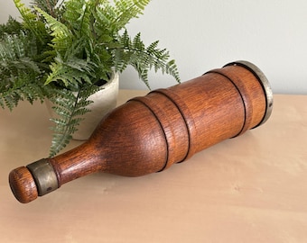 Antique Oak Whiskey Bottle with Stopper – Wood Liquor Jug with Metal Bands