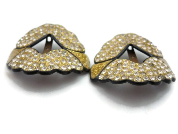 Art Deco Rhinestone Buckle Pair - Gold Glitter Fr… - image 6