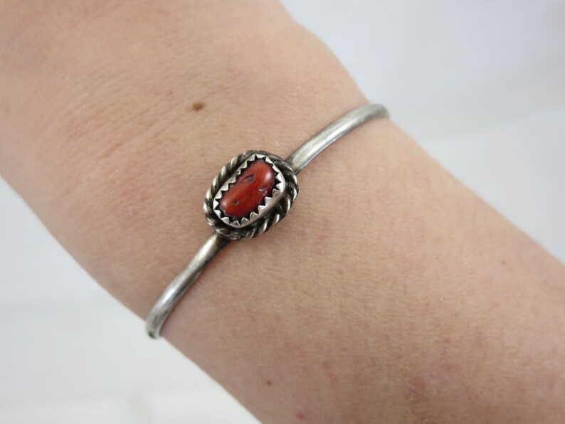 Petite Sterling Silver Cuff Navajo Coral Bracelet Artist Signed Native American Jewelry Adjustable Child Size