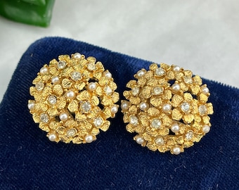 Pendientes de clip con forma de flor y diamantes de imitación estilo vintage - Bisutería en tono dorado